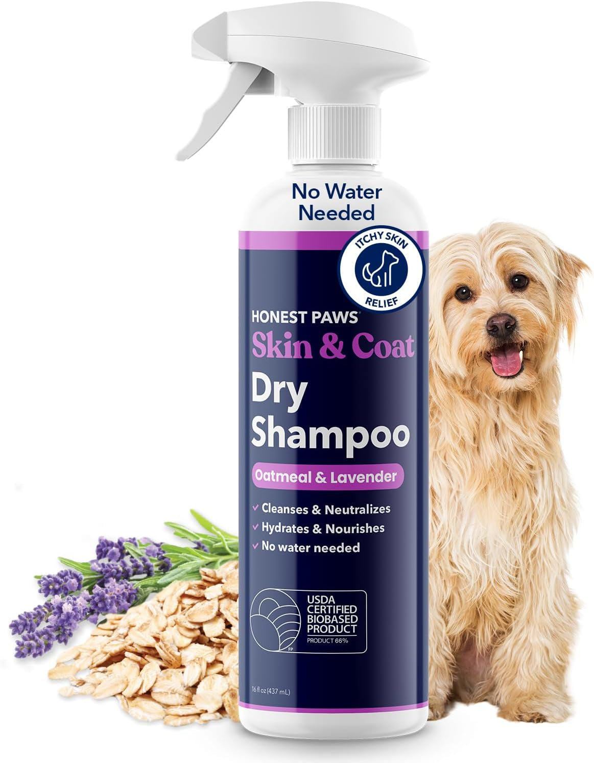 Dog Dry Shampoo Waterless No Rinse Oatmeal Lavender Itch Odor Relief 8oz