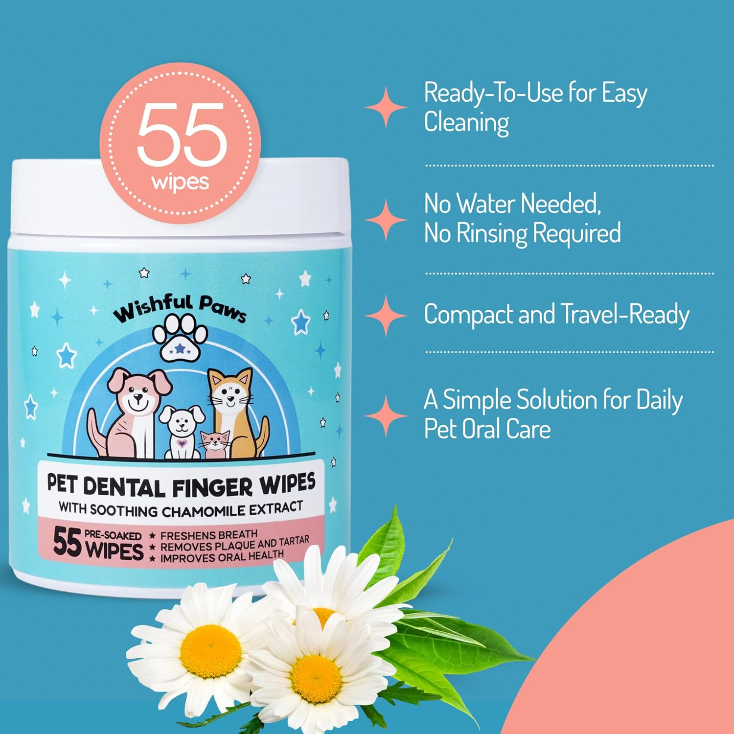 Pet Dental Wipes Dog Cat Teeth Cleaning Plaque Tartar Breath Freshener 55Ct