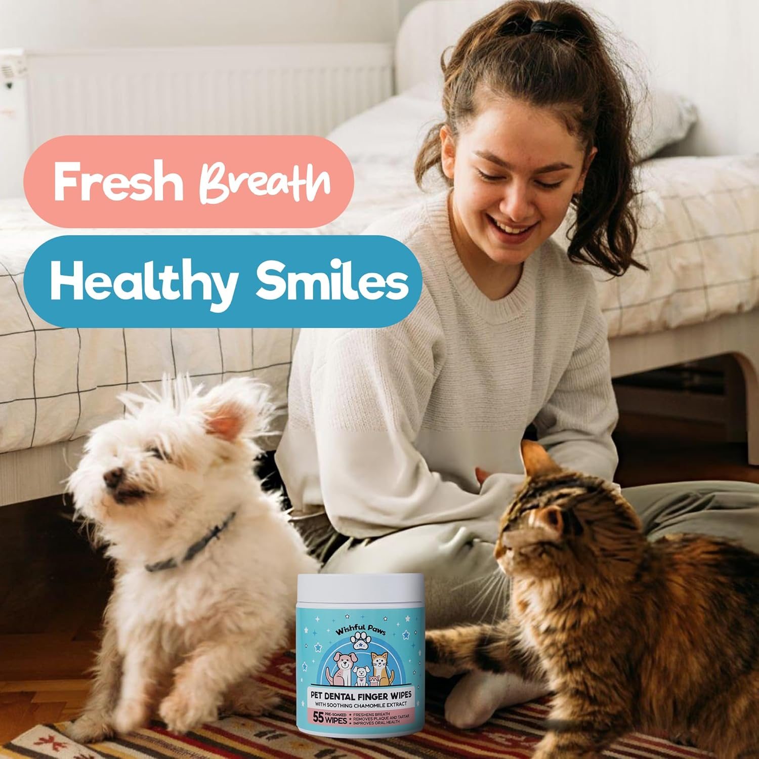 Pet Dental Wipes Dog Cat Teeth Cleaning Plaque Tartar Breath Freshener 55Ct