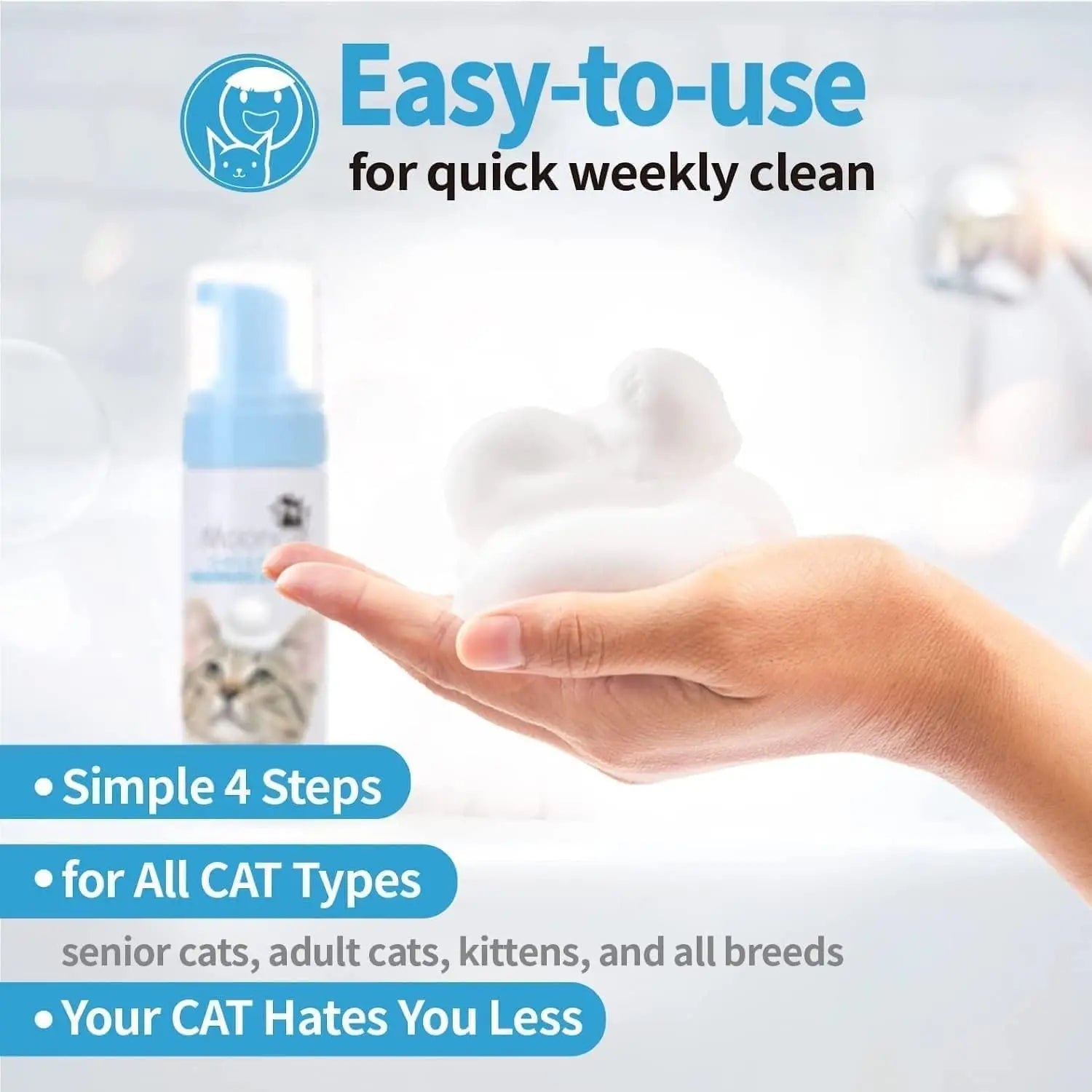 Waterless No-Rinse Cat Shampoo Foam & Brush Kit – Hypoallergenic, 5oz