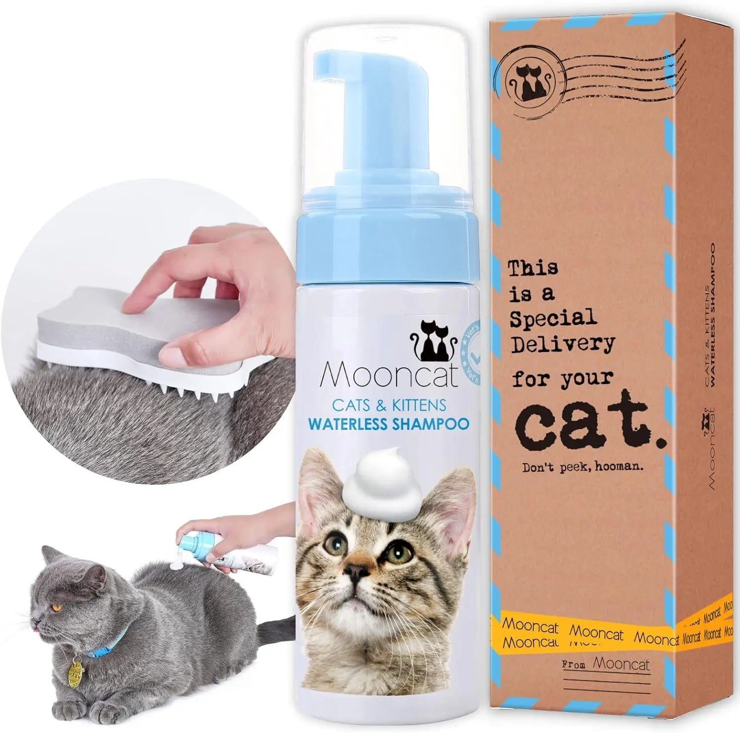 Waterless No-Rinse Cat Shampoo Foam & Brush Kit – Hypoallergenic, 5oz